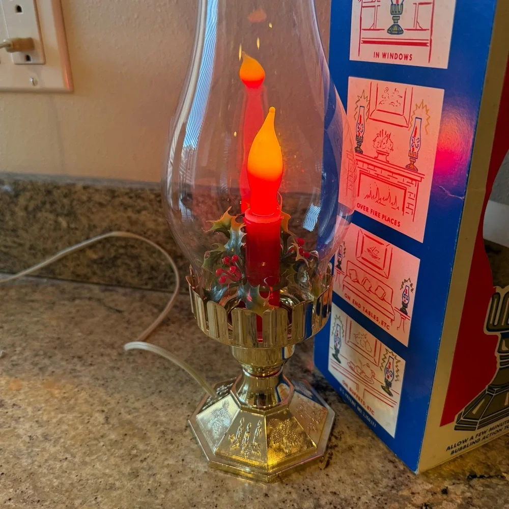 Vintage ACLA Electric Christmas Hurricane Candle Lamp with Holly.